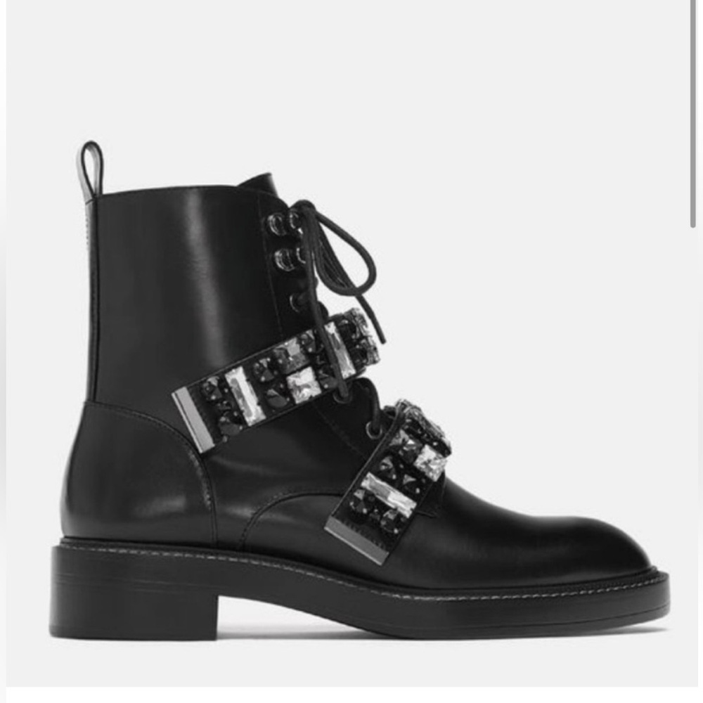 Zara Jeweled Black Lace Up Combat Boots
